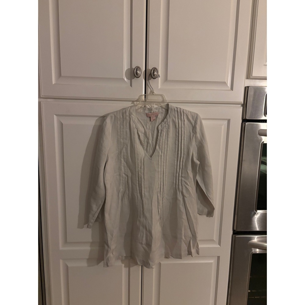 Saint Tropez West Womens Linen Pintuck Tunic Blouse Gray Roll Tab Sleeve Size M
